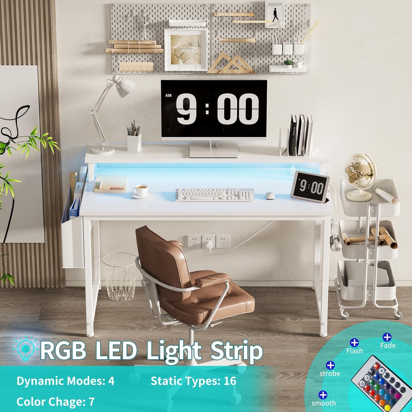 White Computer Desk with LED Lights and Power Outlets, 40 Inch Home Office De...