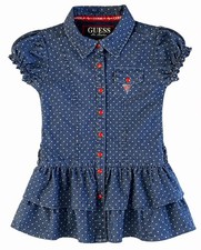 Guess Girls Dress Size 4 Blue Polka Dot Denim Ruffle Button Front
