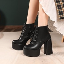 Women's Leisure Office Dress Ankle Boots High Block Heels Platform Lace Up Shoes
