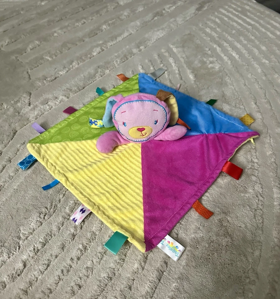 Cobertor de segurança Taggies rosa cachorro coelho pelúcia amoroso etiquetas de cetim 14" em excelente estado usado - Imagem 3 de 4