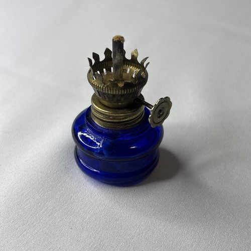 Cobalt Blue Glass Miniature Oil Lamp 2” Tall