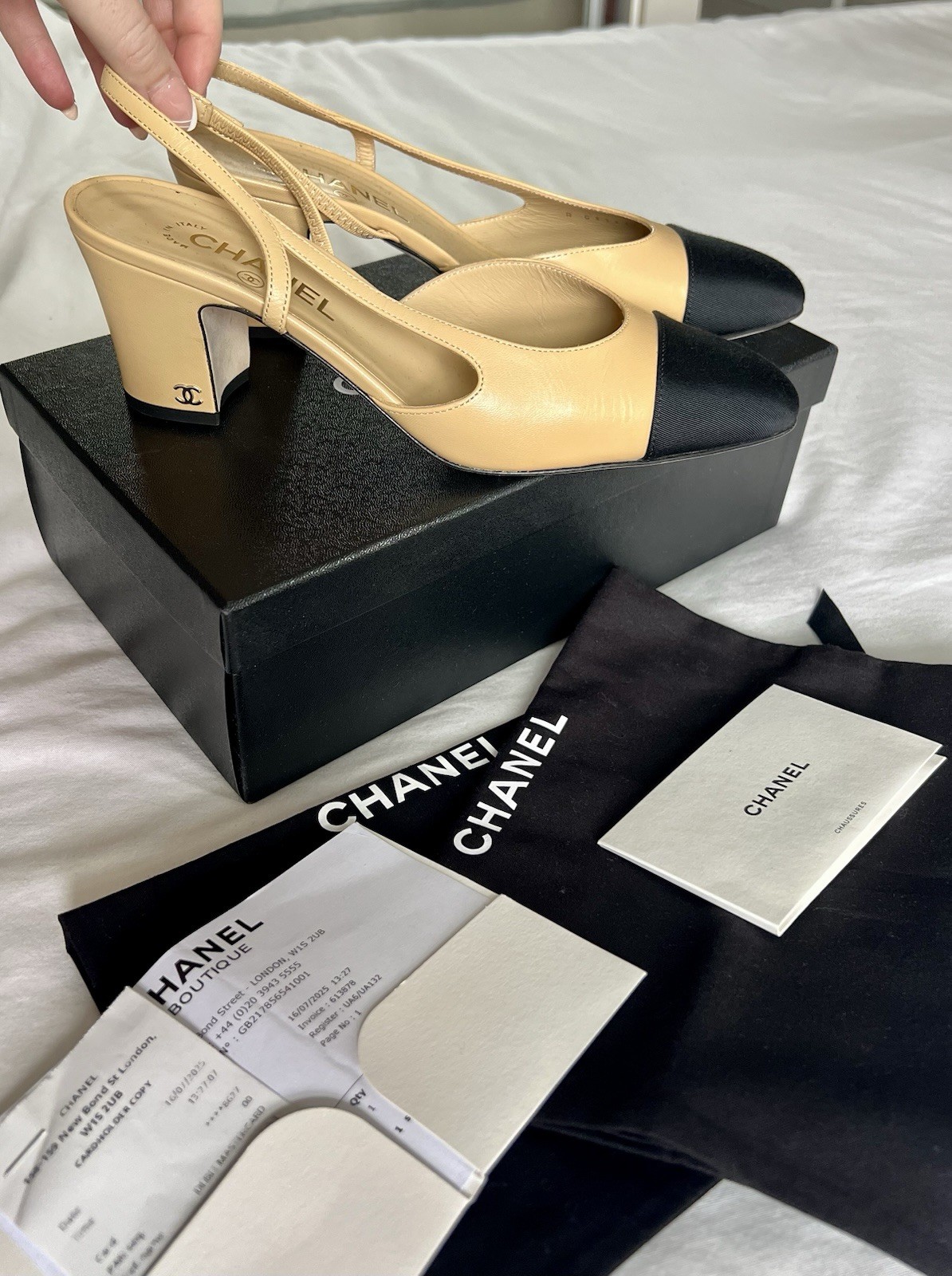 Chanel Classic Goatskin & Grosgrain Slingback Heels EU 40.5/ 7.5 Box & Receipt