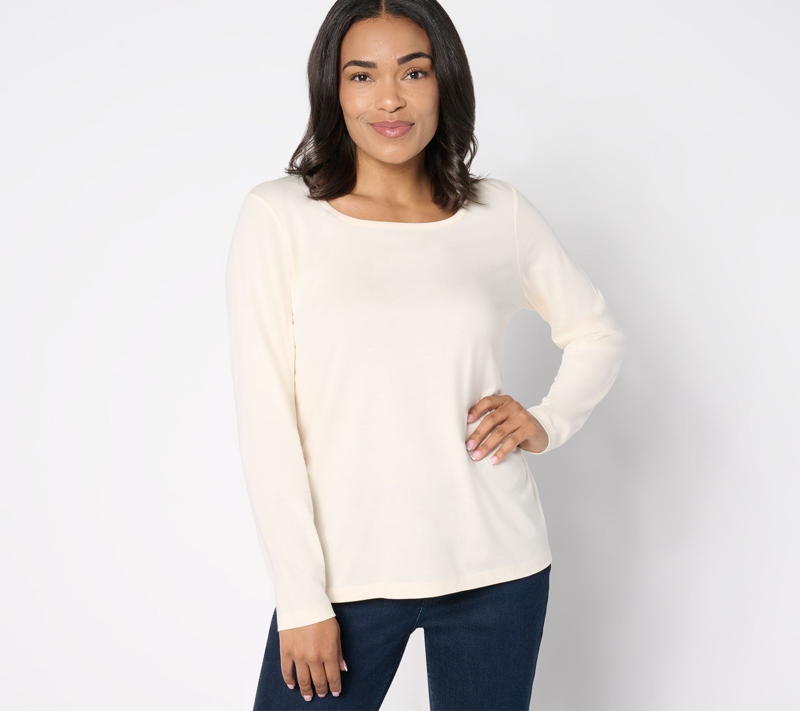 Denim & Co. Women's Top Sz M Essentials Luxe Jersey Square-Neck White A667049