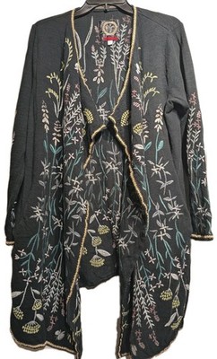 Johnny Was Biya Open Cardigan Sweater Women M Embroidered Floral Pocket Boho EUC
