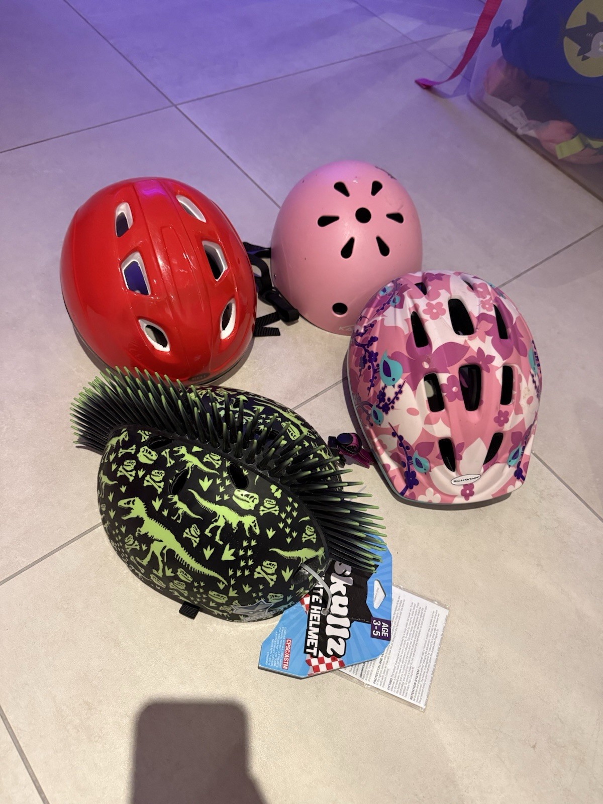 Kids Bike Helmet Lot (4 Helmets) &mdash; Schwinn + Raskullz Dino