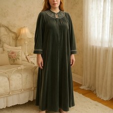 Vintage Heather Collection Gray Velour Zip Robe Housecoat Floral Embroidered M