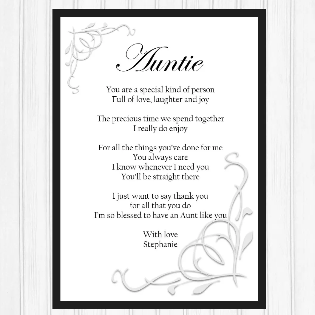 Auntie Gifts. Personalised Birthday Gifts for Auntie. Keepsake Auntie PRINT ONLY
