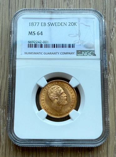 Sweden 1877 EB Gold 20 Kronor NGC MS64 Oscar II
