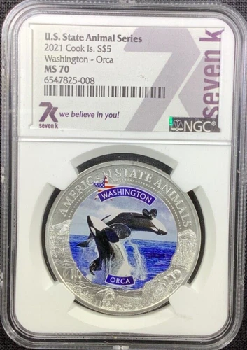 2021 Cook Islands $5 Silver US State Animals Washington Orca NGC MS70