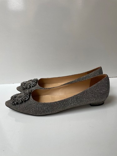 Manolo Blahnik Hangisi Jeweled Glitter Silver Satin Women's Flats EUR 39 / USA 9 - Picture 7 of 21