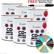 600 Smartbuy CD-R 52X 700MB Shiny Silver Record Disc + Black Permanent Marker