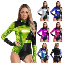 US Women Shiny Metallic Color Block Bodysuit Long Sleeve Stand Collar Party Club