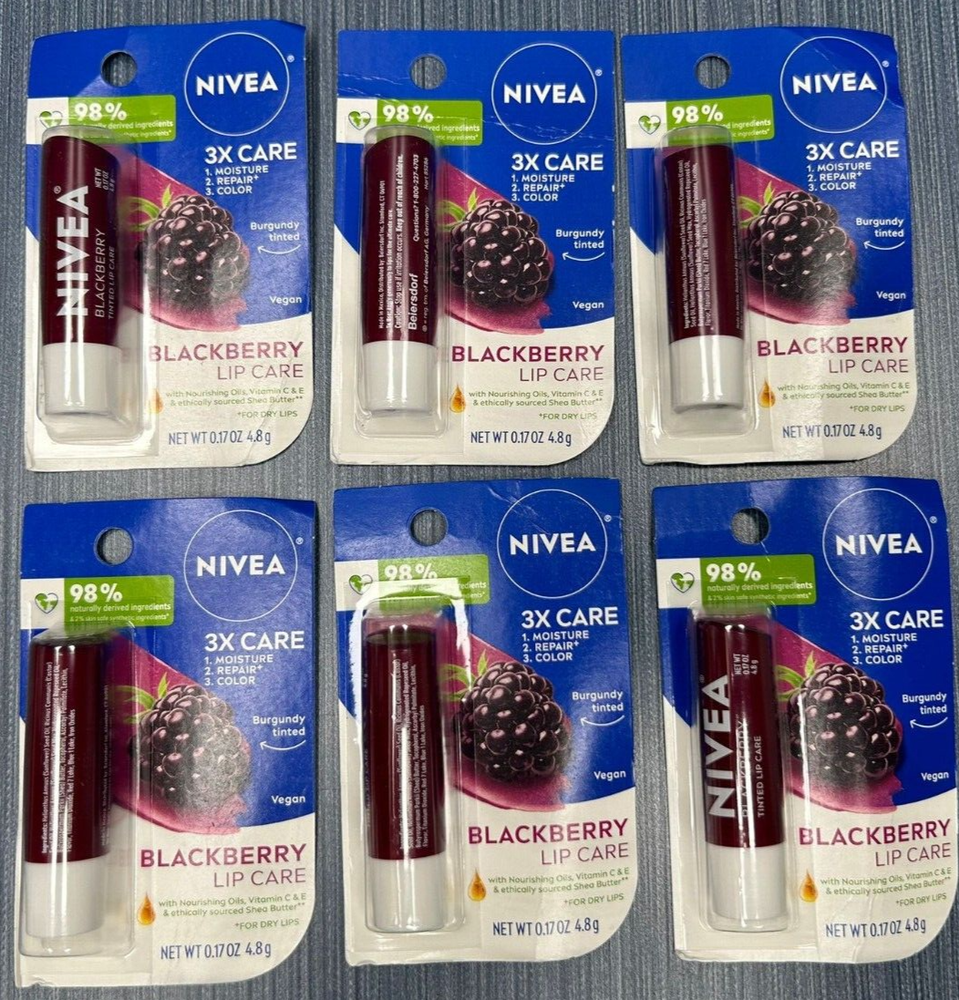 Lot of 6 x Nivea Care Black Berry Lip Care 0.17oz