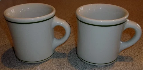 2 VTG Lawrence Vitrified China Diner Mugs USA Green Stripe Restaurant Ware 8 ozs
