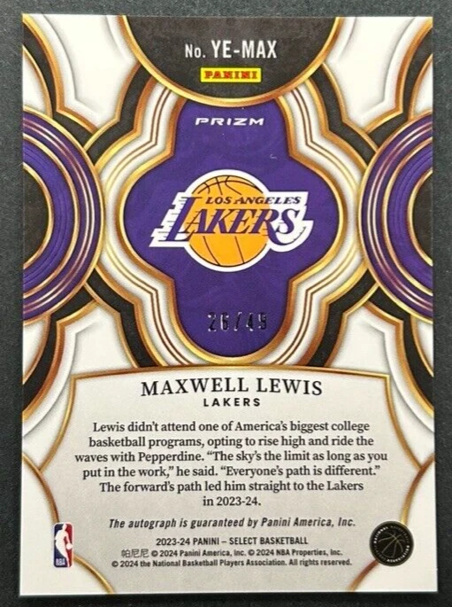 2023-24 Panini Select - Maxwell Lewis #YE-MAX Lakers - RC Red Flash AUTO /49 - Image 2 of 2