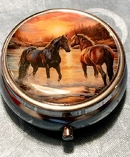 CUTE HORSES~TINY 1-1/2" ROUND PILL BOX FOR TRAVEL~3 COMPARTMENTS~STOCKING STUFFE
