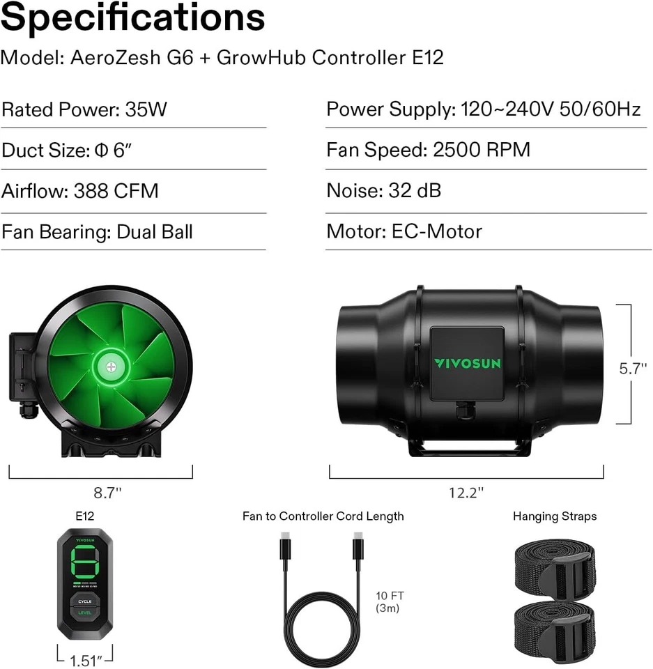VIVOSUN AeroZesh G6 6-inch  388 CFM Inline Duct Fan with E12 Speed Controller - Image 3 of 4