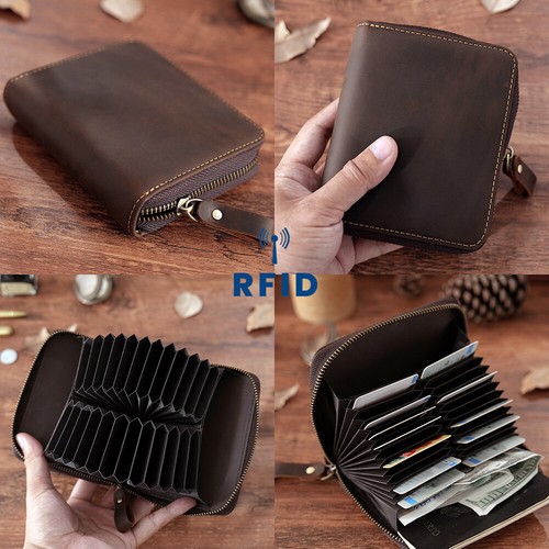 Genuine Leather Credit Card Holder Zipper Wallet RFID Blocking 24 Slot Card Case - Picture 7 of 21