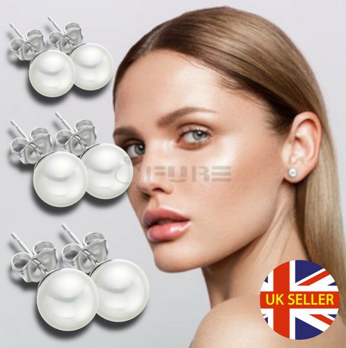 Glossy White Freshwater Natural Pearl 6-10MM Stud Earrings 925 Sterling Silver