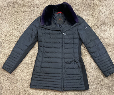 PEUTEREY Down Puffer Long Jacket Fur Trim Dark Blue Black - Womens 42 - EUC