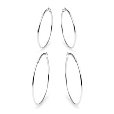 2 Pairs Set 1.5mm Large Round Hoop Earrings in Sterling Silver, 40mm 50mm