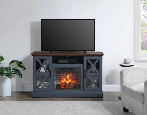 Farmhouse Fireplace TV Stand for Tvs up to 55", Navy/Walnut Finish