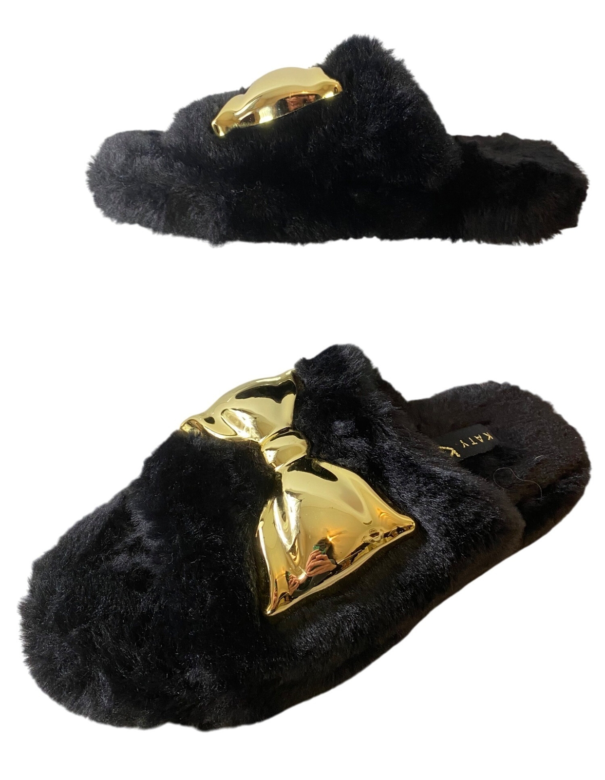 PANTOFOLA D’ORO Katy Perry ciabatte nere in pelliccia sintetica con fiocco oro comode slip on taglia 6