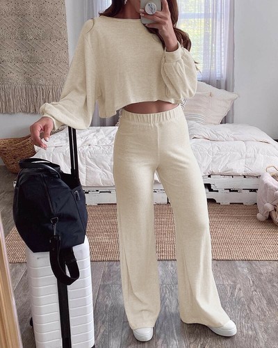 completo donna maglia pantaloni sportivo tuta casa beige comodo 3938 | eBay