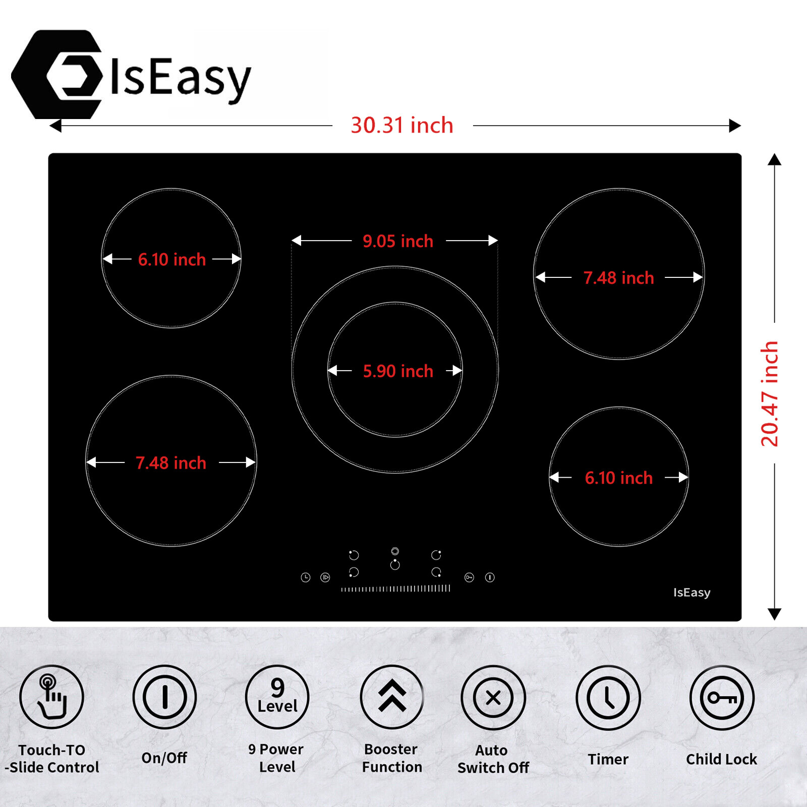 30 inch Electric Cooktop Ceramic Glass Stove Top 5 Burners Dropin