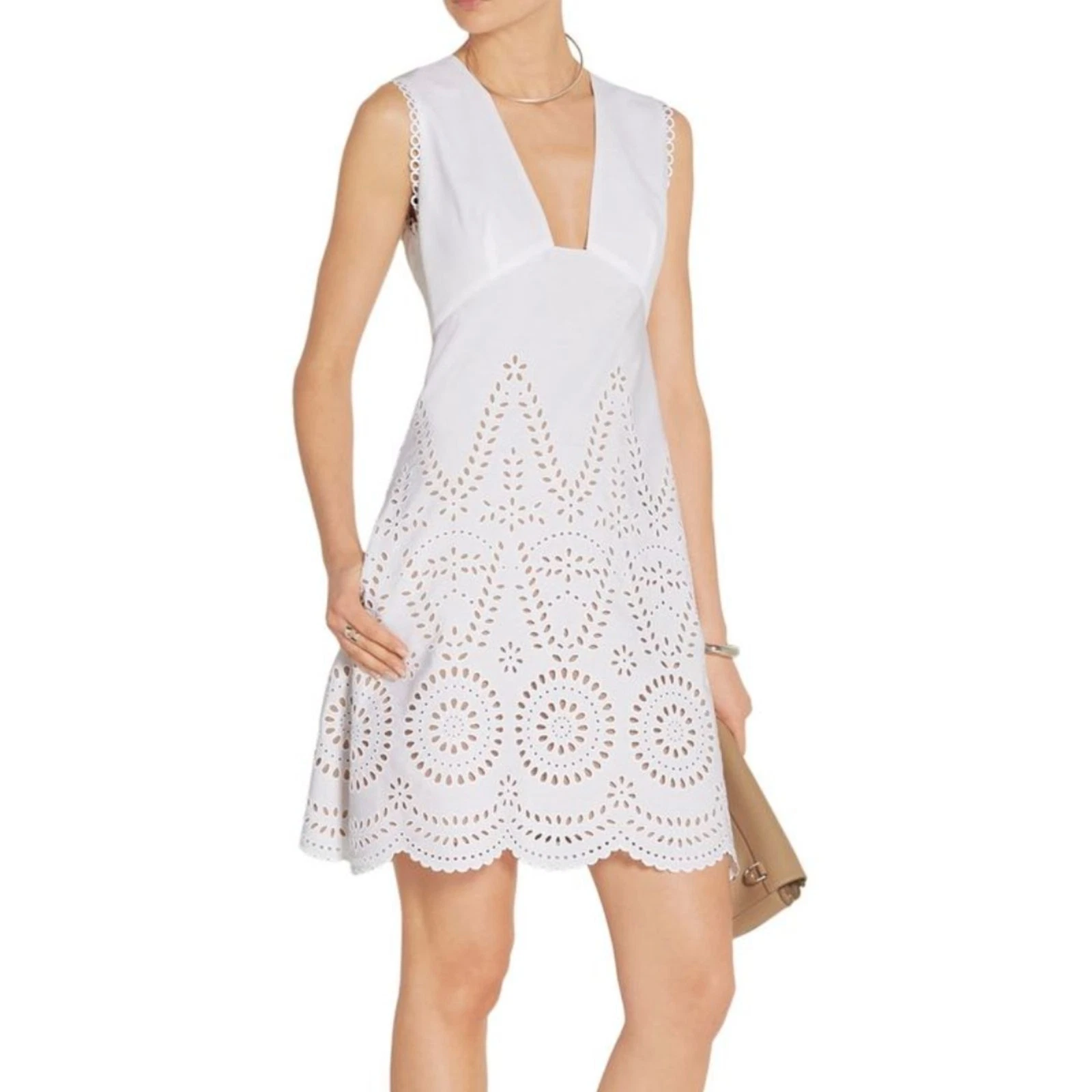 Stella McCartney — STELLA MCCARTNEY Aline Broderie Anglaise V-Neck Mini Dress Sz IT 44