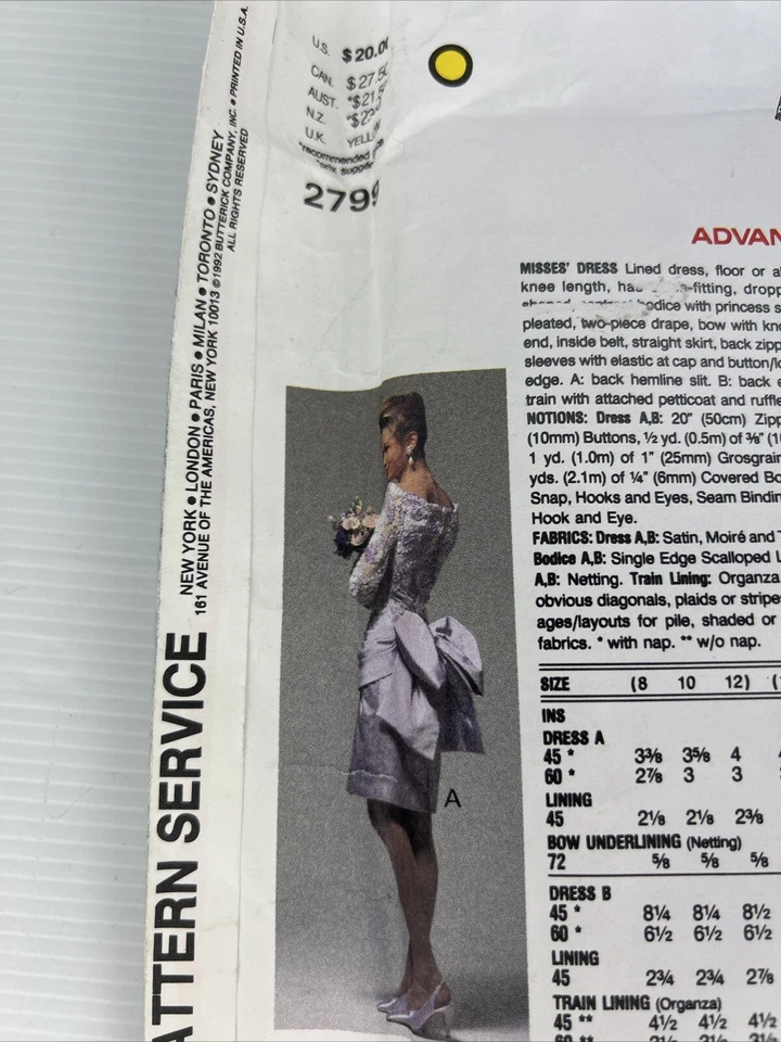 Uncut Bridal Dress Vogue Sewing Pattern 2799 Dress Size 8-10-12 Bellville Sassoo - Image 4 of 4