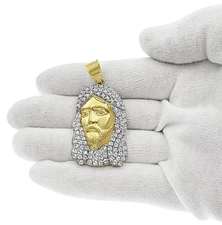 Jesus Head Face Pendant Mens Charm 10k Yellow Gold CZ 2 inch
