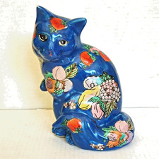 Chat porcelaine chinois bleu décor fleurs fruits Dynasty HK