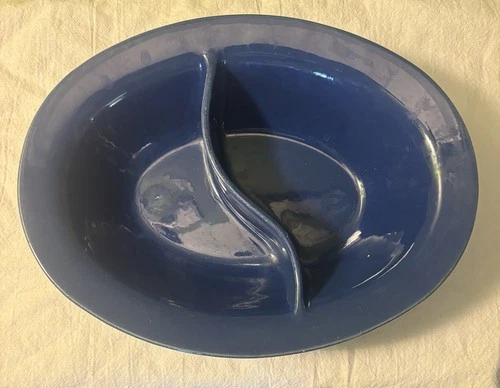 Cobalt Blue ring Bauer Divided 11” Oval Vegetable Bowl. Excellent Condition