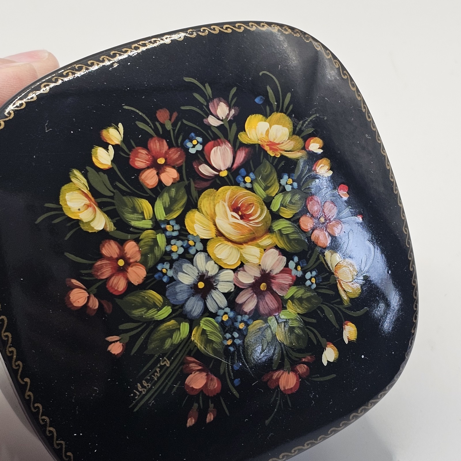 Black Enamel Trinket Box With Lid Hand Painted Vintage Signed Floral Design USSR