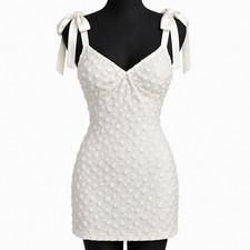 White Textured Bow Strap V-Neck Lined Bodycon Mini Dress Size Small 3D Flowers