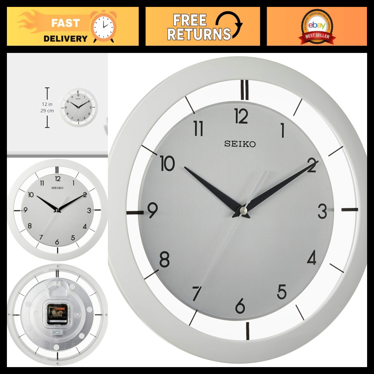 Non-Ticking 11" Metal Wall Clock - Silent Quartz, Modern Design, White Finish