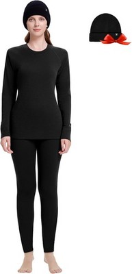 Women 100% Merino Wool Base Layer Winter Ski Warm Underwear&Wool Beanie 3PC Sets