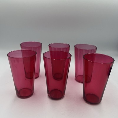 Set of 6 Antique Victorian Cranberry Glass Pony Tumblers 3.75  Juice Cups