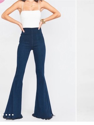 Show Me Your Mumu Sz L Berkeley Bells Long High-Waist  Blue Flared Jeans Raw Hem