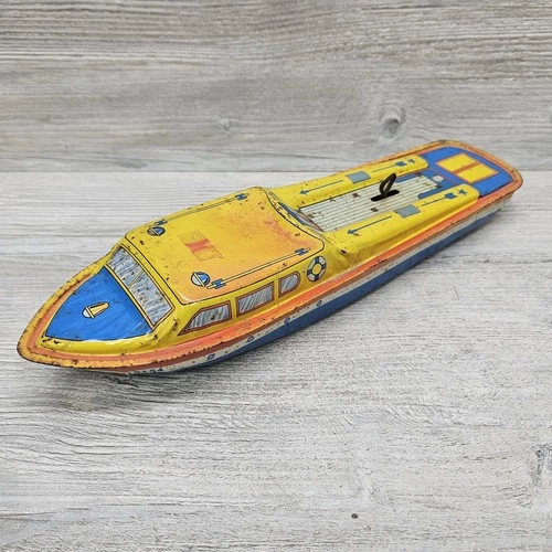 Vintage Tin Litho Ohio Art Toy Cabin Cruiser Speed Boat Broken Wind Up Propeller