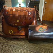 Mexican hand tooled painted purse and wallet - vintage