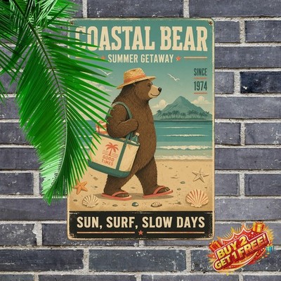 Sandy Toes Beach Life Metal Sign Bear Tropical Wall Decor