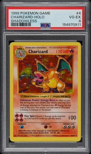 1999 POKEMON GAME SHADOWLESS #4 CHARIZARD-HOLO PSA 4