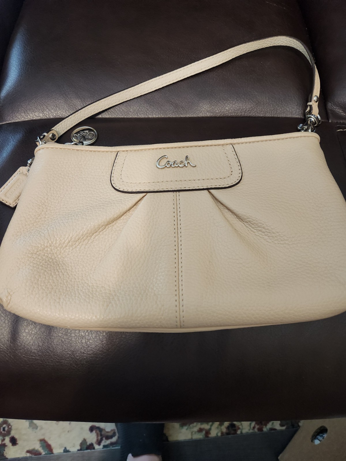 Coach Beige Pleated Logo Accent Shoulder Bag Zip Closure with Brand Card