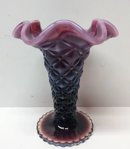 VTG Fenton Art Glass Quilted Plum Opalescent Trumpet Vase Signed 5"