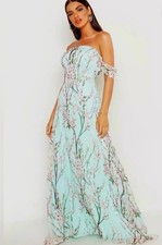 Stunning Boohoo Night Size 8 Mint Floral Maxi Bardot Cold Shoulder Dress Formal