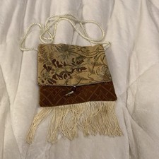Boho Tapestry 7  Purse Floral-Brown-Beige With Cream Fringe