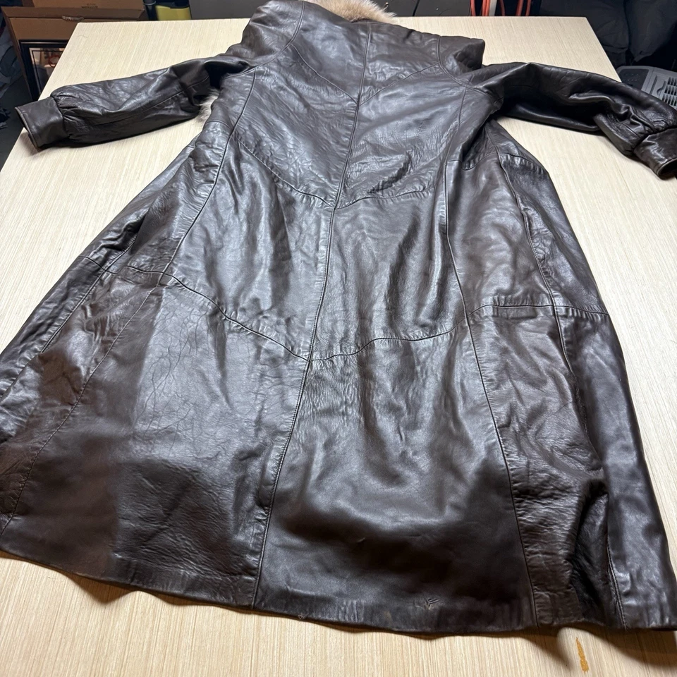 Vtg Leather Faux Fur Trim Long Coat L Mob Wife Penny Lane Afghan Damselle Duster - Image 4 of 4