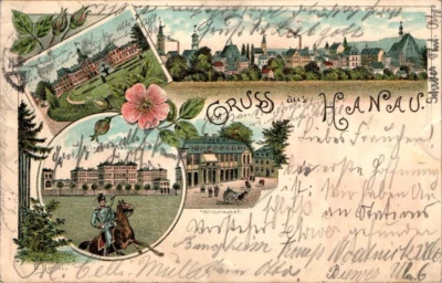 LITHO GRUß AUS HANAU ULANEN KASERNE 4 BILD COL. 1897 HESSEN - Bild 1 von 2